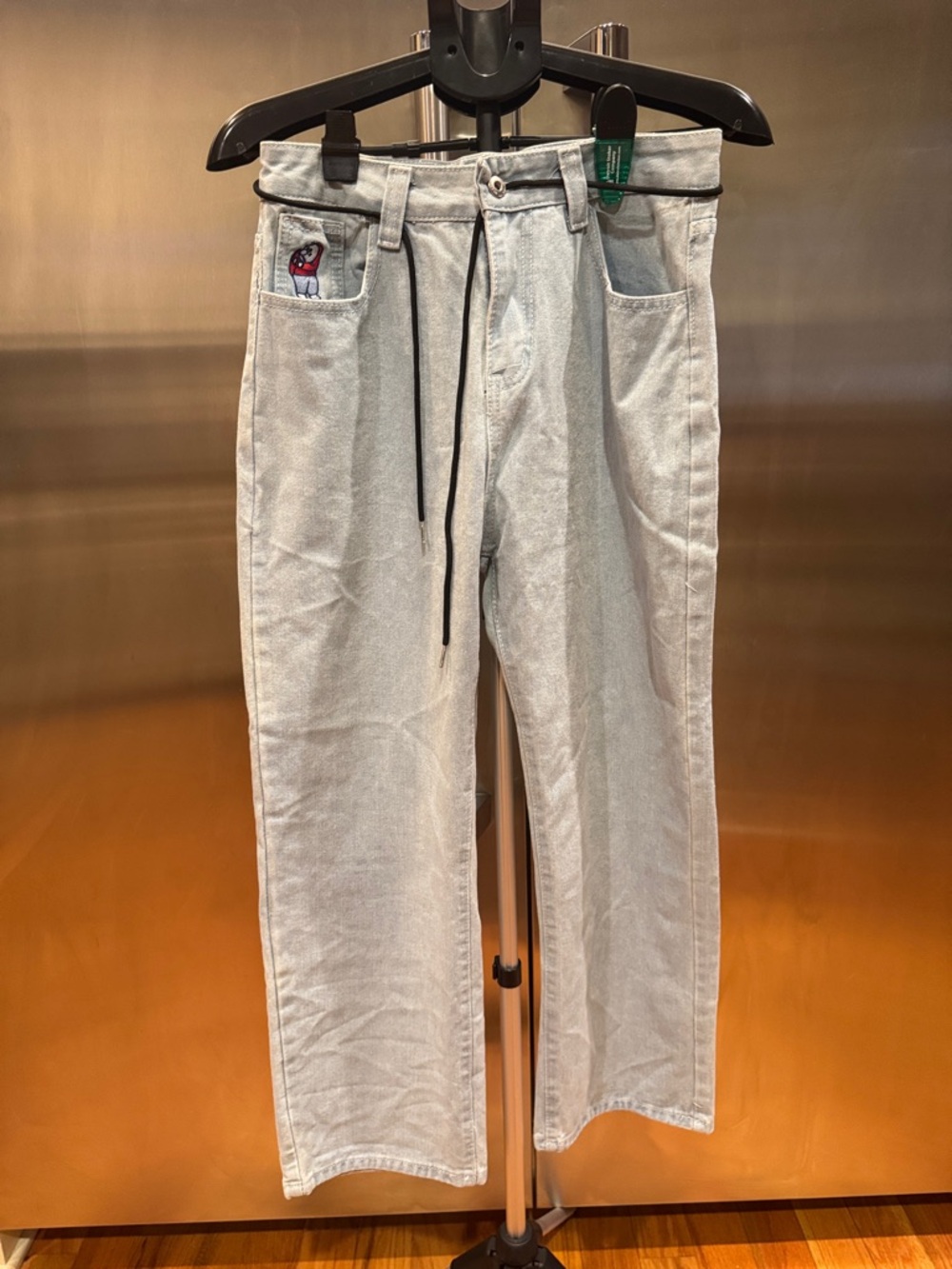 Light Wash Straight Leg Denim Jeans with Drawstring